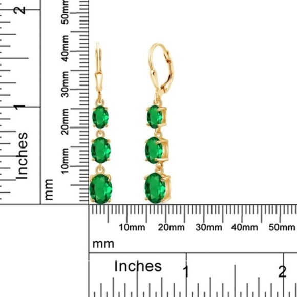18K Yellow Gold with .50 Cttw 3 Stone Emerald Dangling Leverback Drop Earrings - Picture 5 of 5